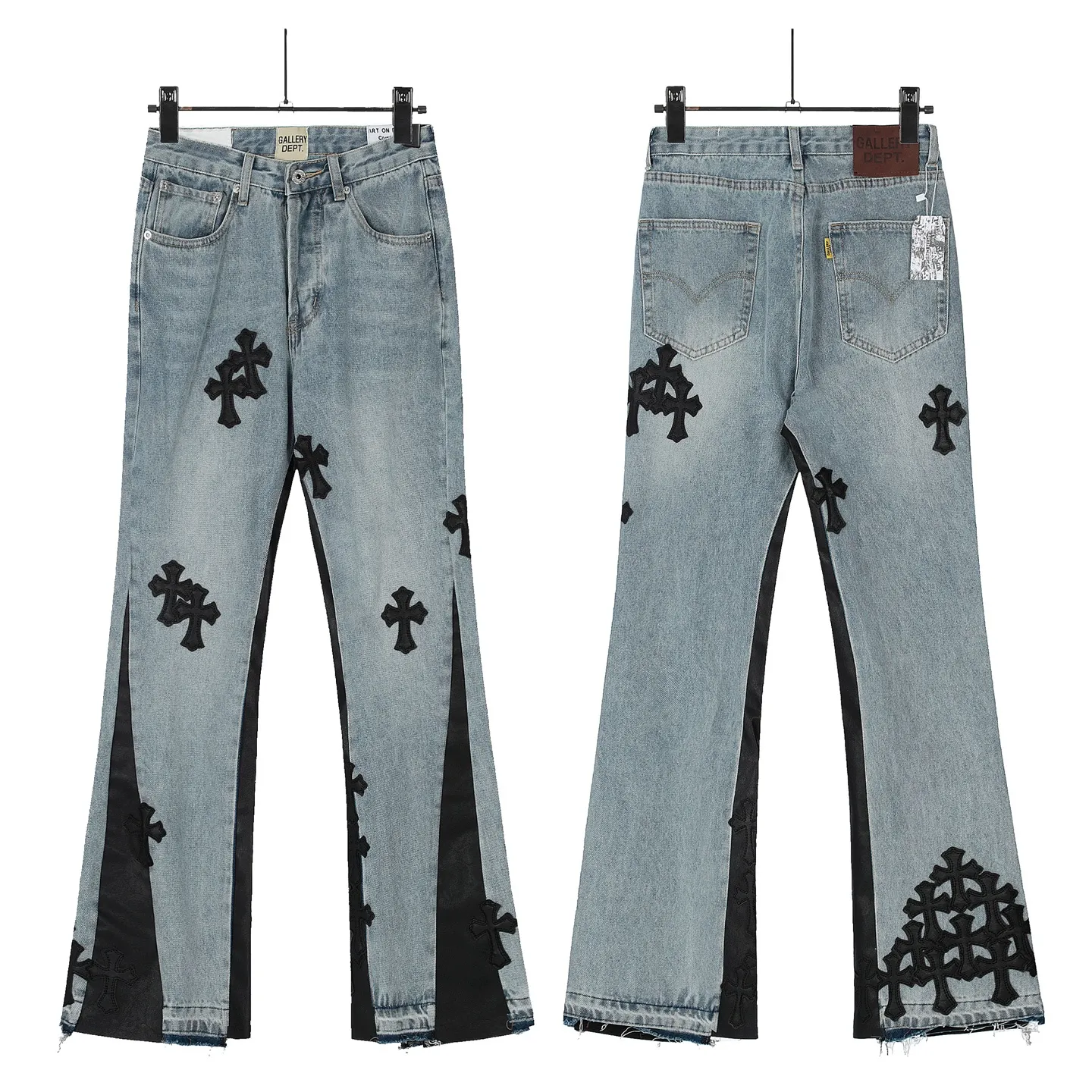 #8148 P290💰 Independent GALLERY DEPT. Vintage multi-leather splicing black leather cross loose washed flared jeans - truly restore the ultimate texture of Vintage - original hardware accessories washed and other elevators, QR code analysis are all purchased from the original factory, high degree of restoration, you are welcome to compare with a certain product ~ - three-dimensional version Loose and comfortable, not picky about the figure, tall and slim, factory Seiko, original factory quality control, same style for men and women, can be matched with couples, versatile recommendation Essential jeans for all seasons - sizes: 28 30 32 34 36